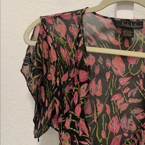 Vintage Nicole Miller Black Floral Short Sleeve Wrap Blouse - Picture 3 of 7